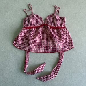 Coco & Shay Gingham Plaid Babydoll Camisole Top Red White Lace Trim Size M